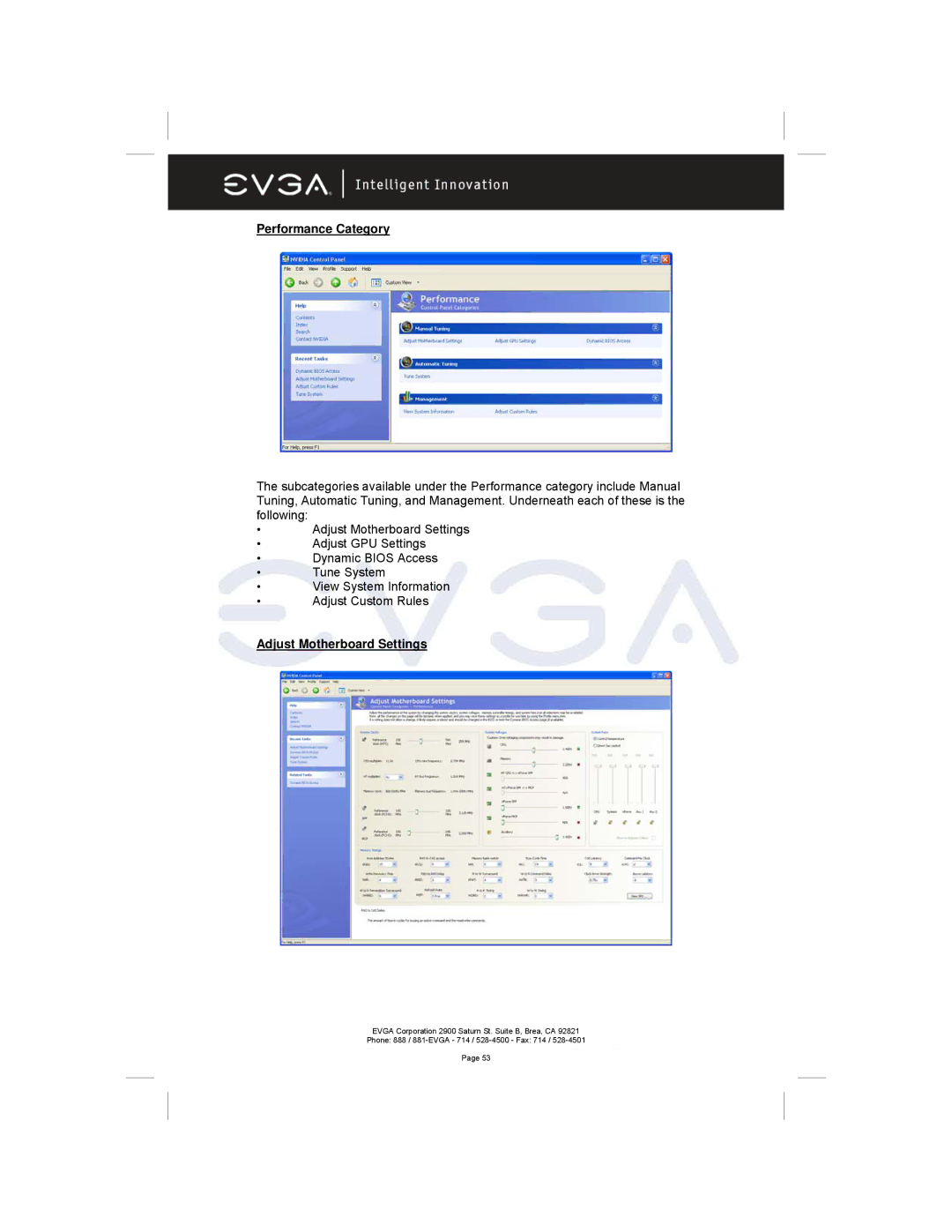 EVGA 122-M2-NF59-AX manual Performance Category, Adjust Motherboard Settings 