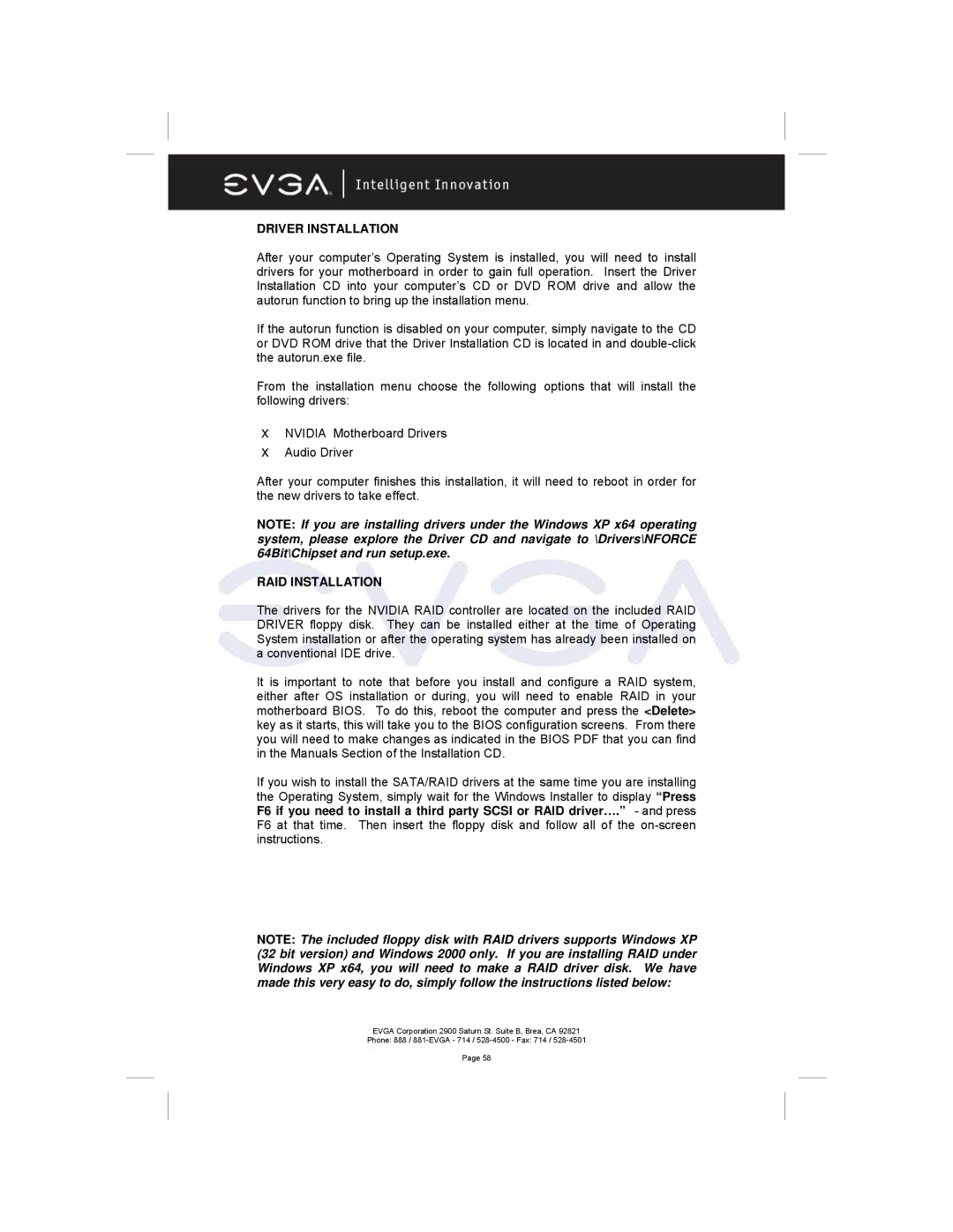 EVGA 122-M2-NF59-AX manual Driver Installation, RAID Installation 