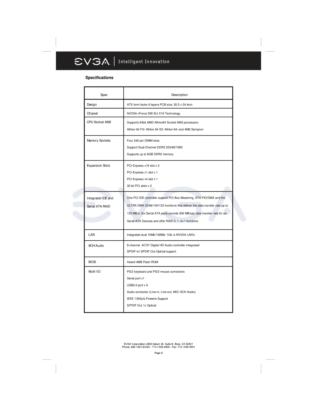 EVGA 122-M2-NF59-AX manual Specifications, CPU Socket AM2 