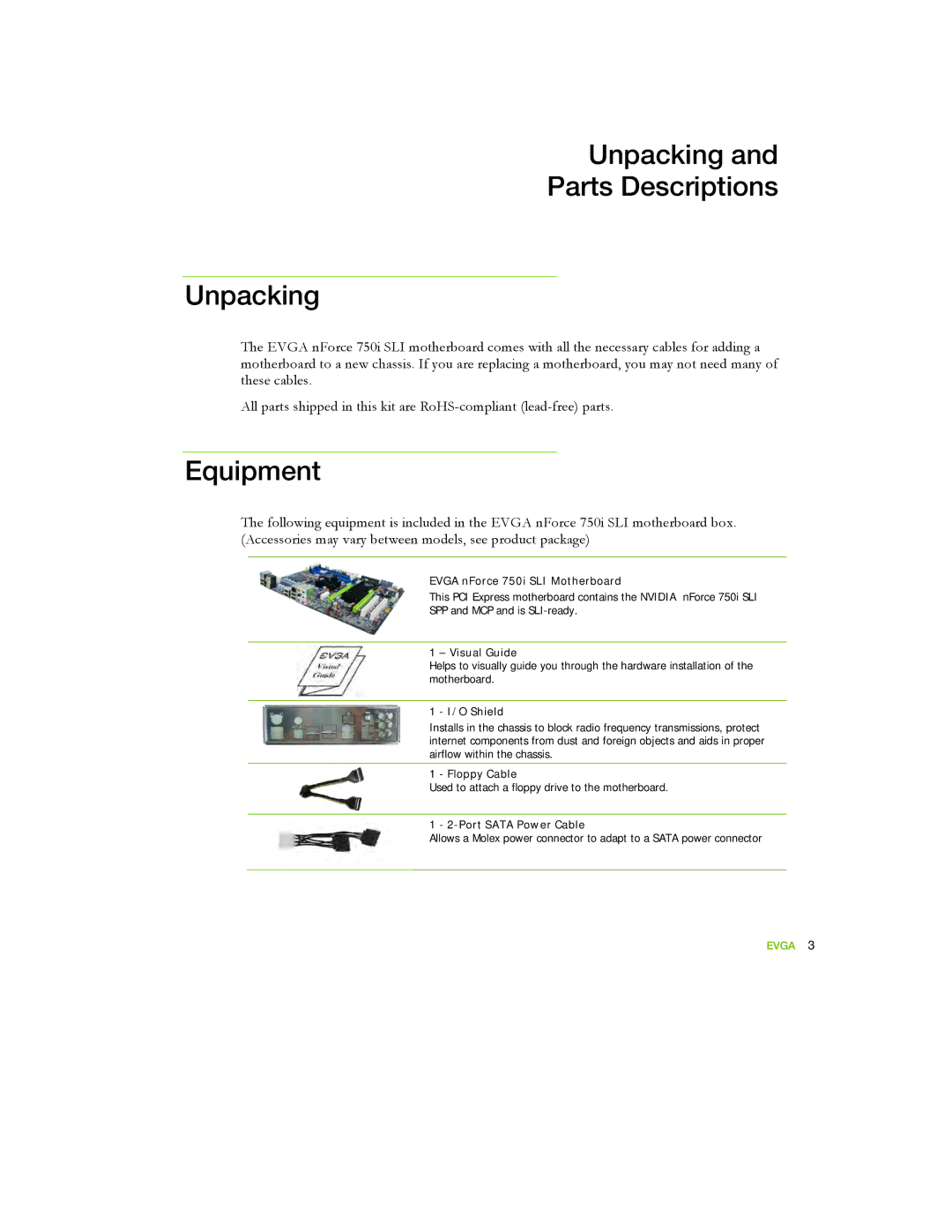 EVGA 122-YW-E173 manual Unpacking Parts Descriptions, Equipment 