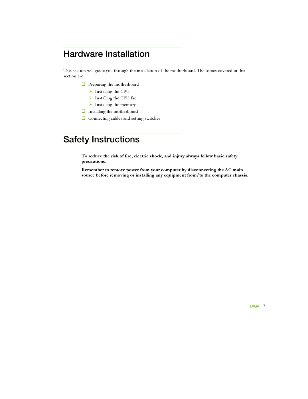 EVGA 122-YW-E173 manual Hardware Installation, Safety Instructions 