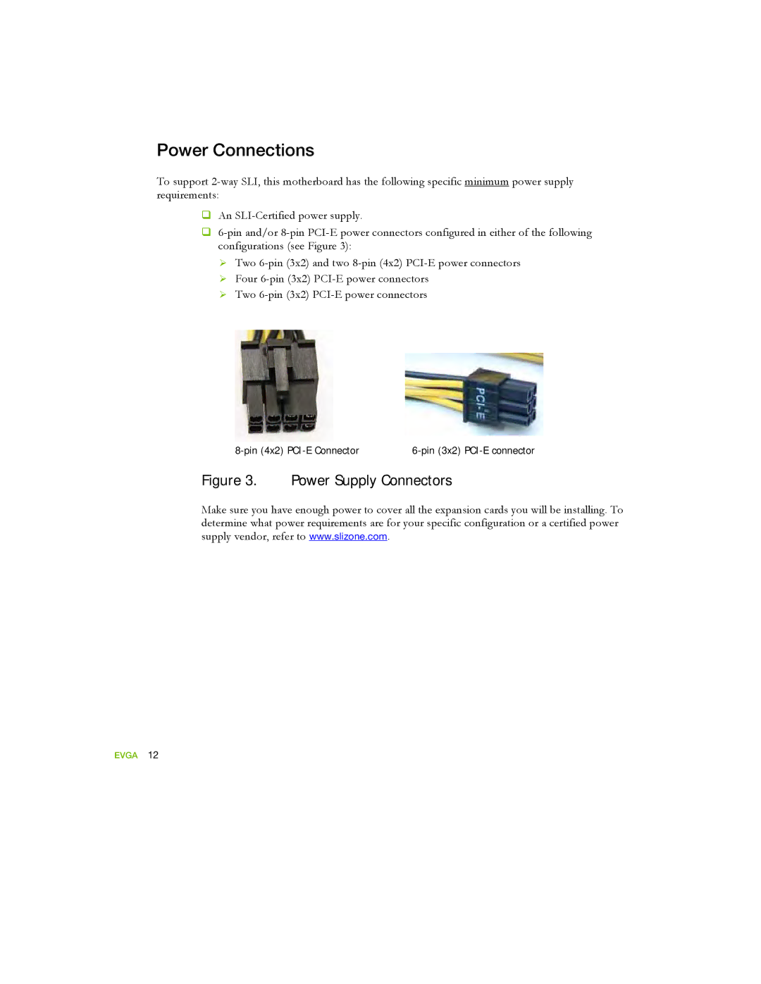 EVGA 122-YW-E173 manual Power Connections, Power Supply Connectors 