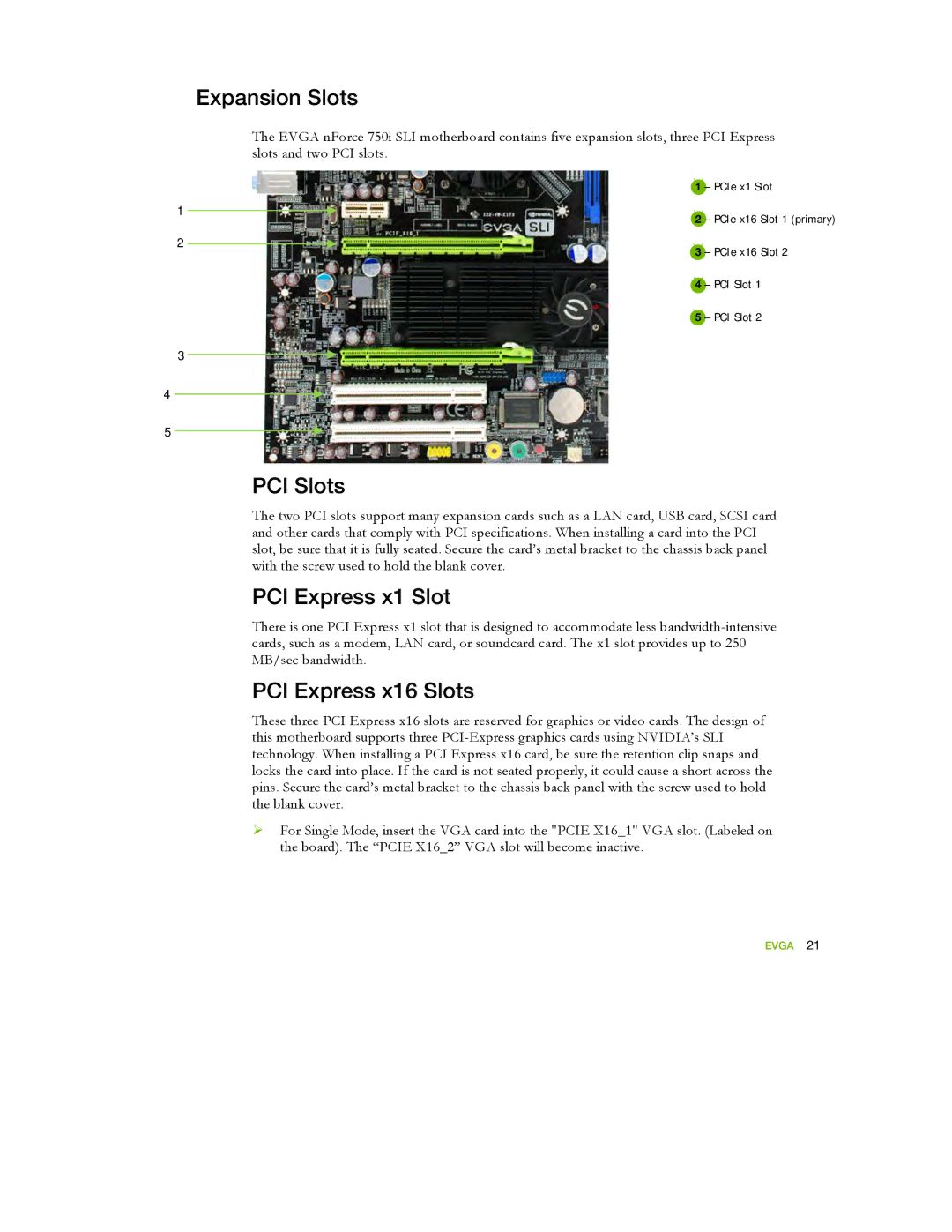 EVGA 122-YW-E173 manual Expansion Slots, PCI Slots, PCI Express x1 Slot, PCI Express x16 Slots 