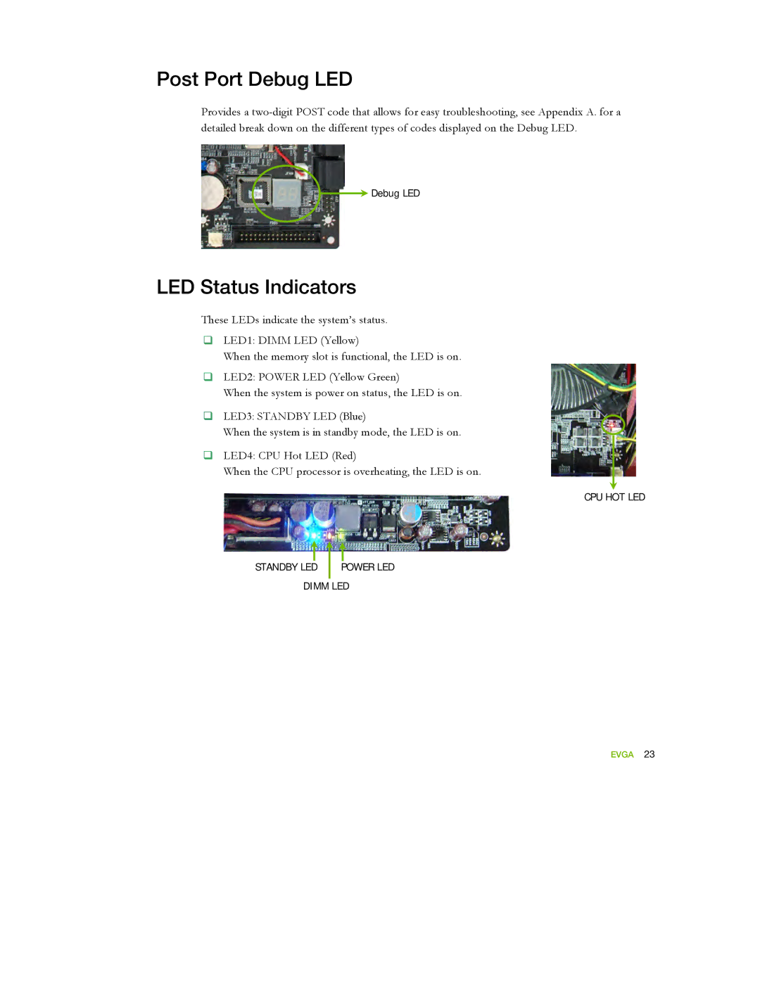 EVGA 122-YW-E173 manual Post Port Debug LED, LED Status Indicators 