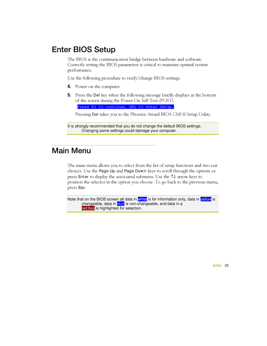 EVGA 122-YW-E173 manual Enter Bios Setup, Main Menu 