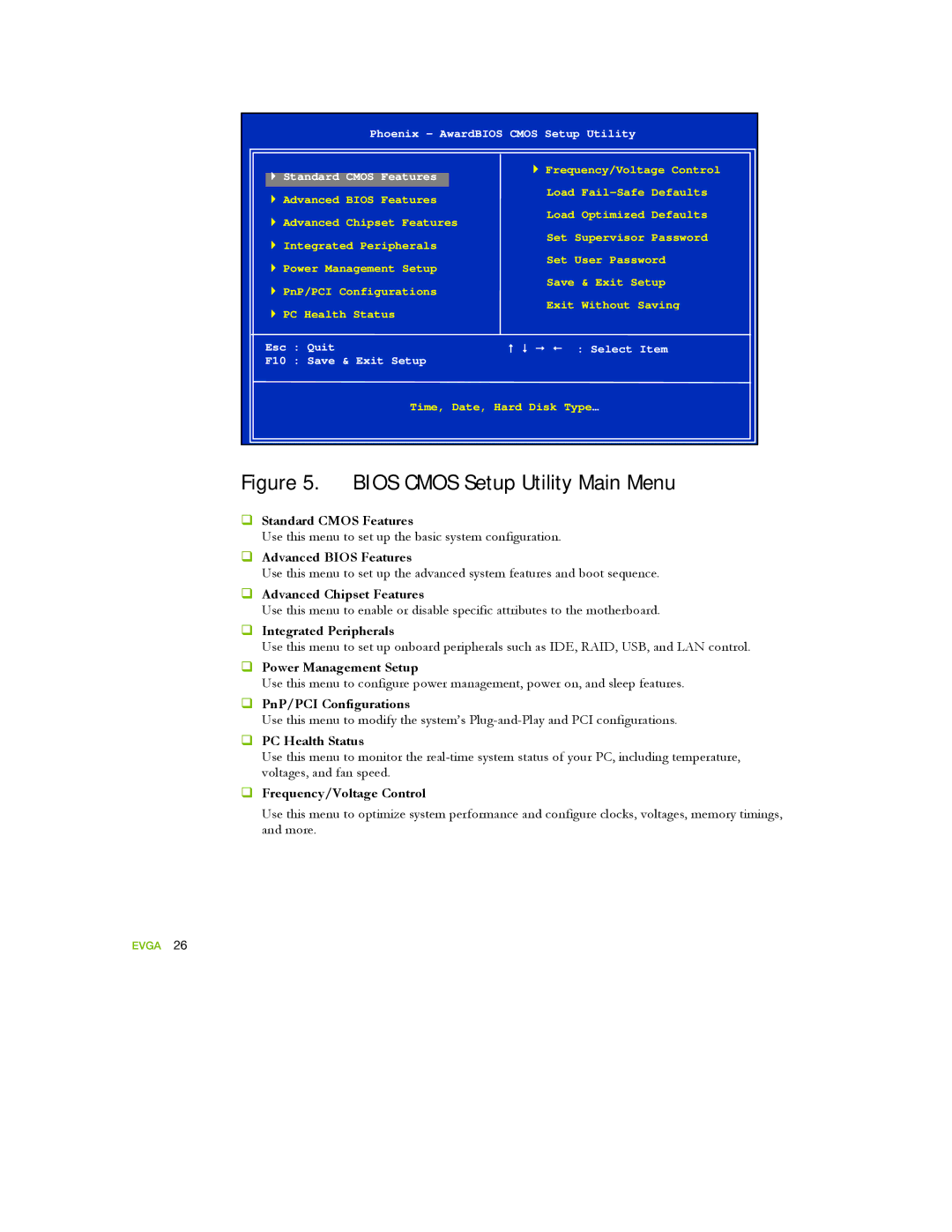 EVGA 122-YW-E173 manual Bios Cmos Setup Utility Main Menu 