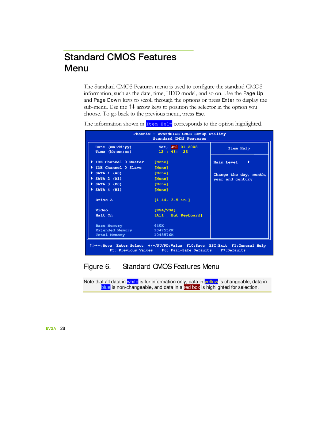 EVGA 122-YW-E173 manual Standard Cmos Features Menu, Ega/Vga 