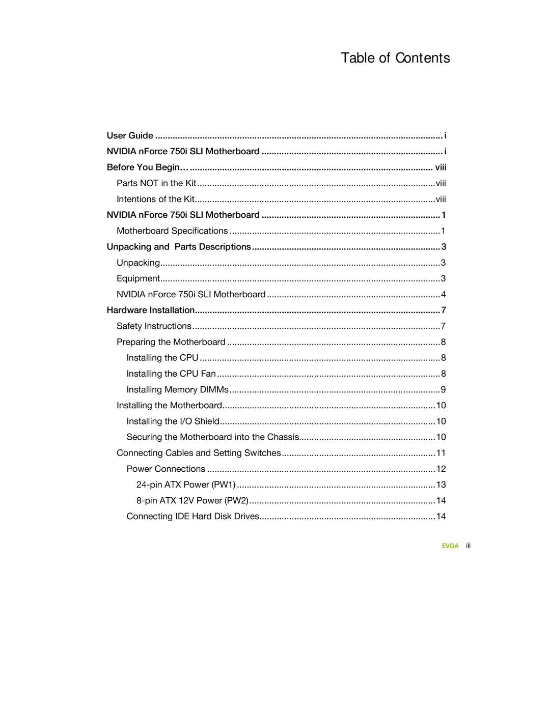 EVGA 122-YW-E173 manual Table of Contents 