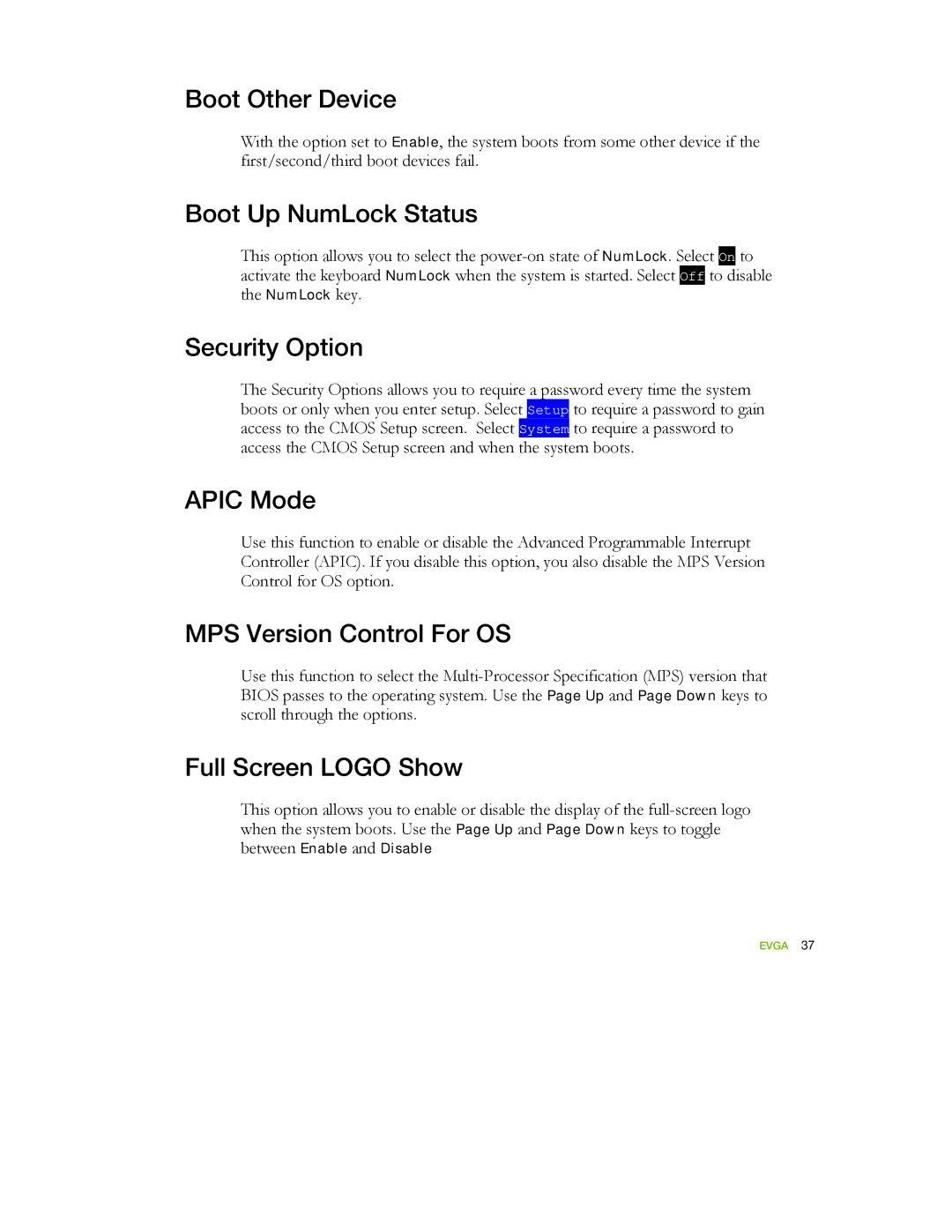 EVGA 122-YW-E173 manual Boot Other Device, Boot Up NumLock Status, Security Option, Apic Mode, MPS Version Control For OS 