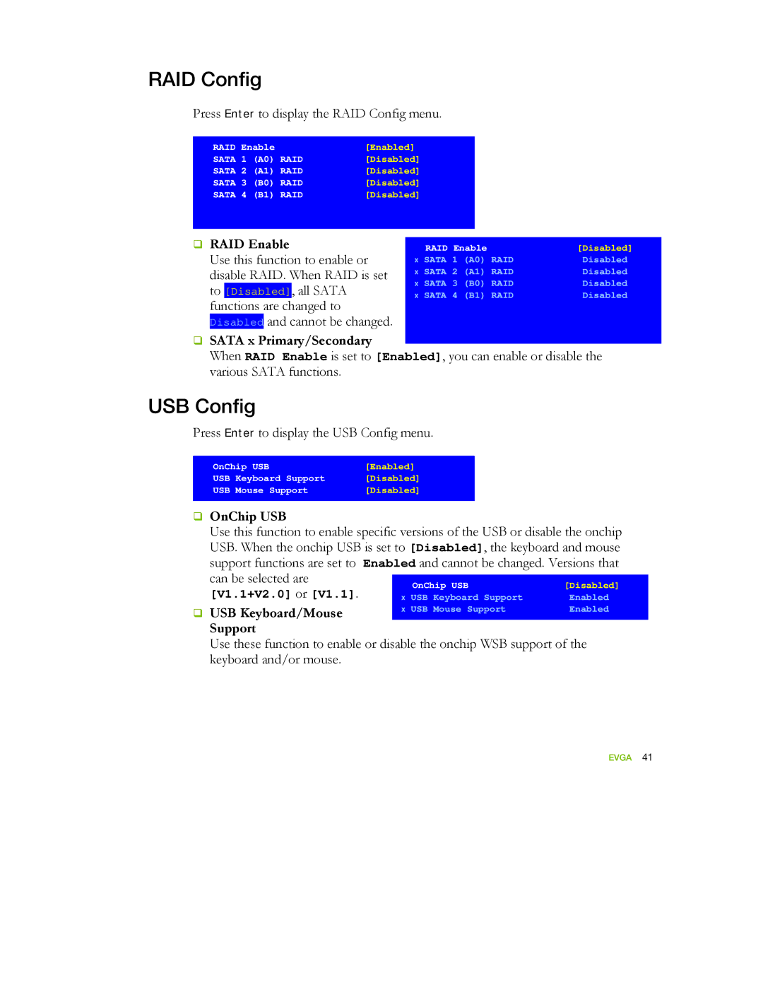 EVGA 122-YW-E173 manual RAID Config, USB Config 