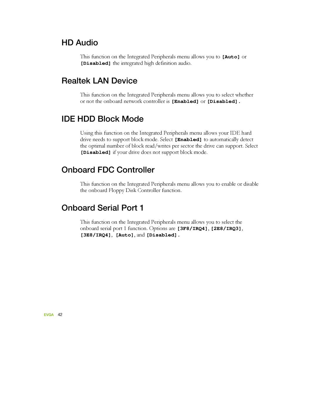 EVGA 122-YW-E173 manual HD Audio, Realtek LAN Device, IDE HDD Block Mode, Onboard FDC Controller, Onboard Serial Port 