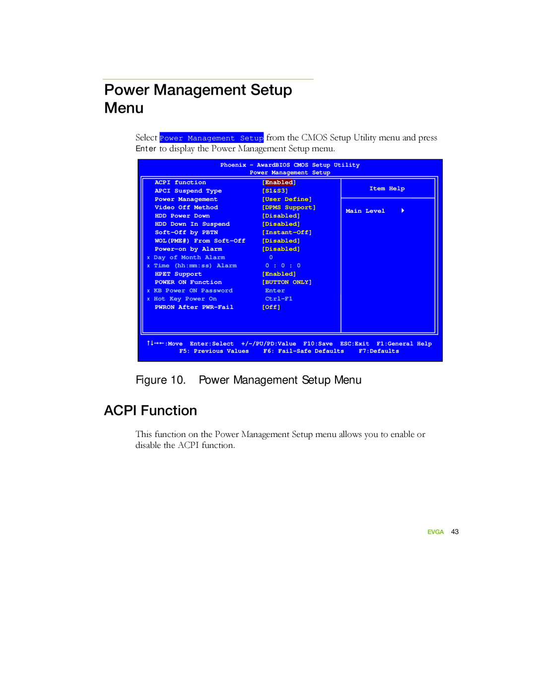 EVGA 122-YW-E173 manual Power Management Setup Menu, Acpi Function 