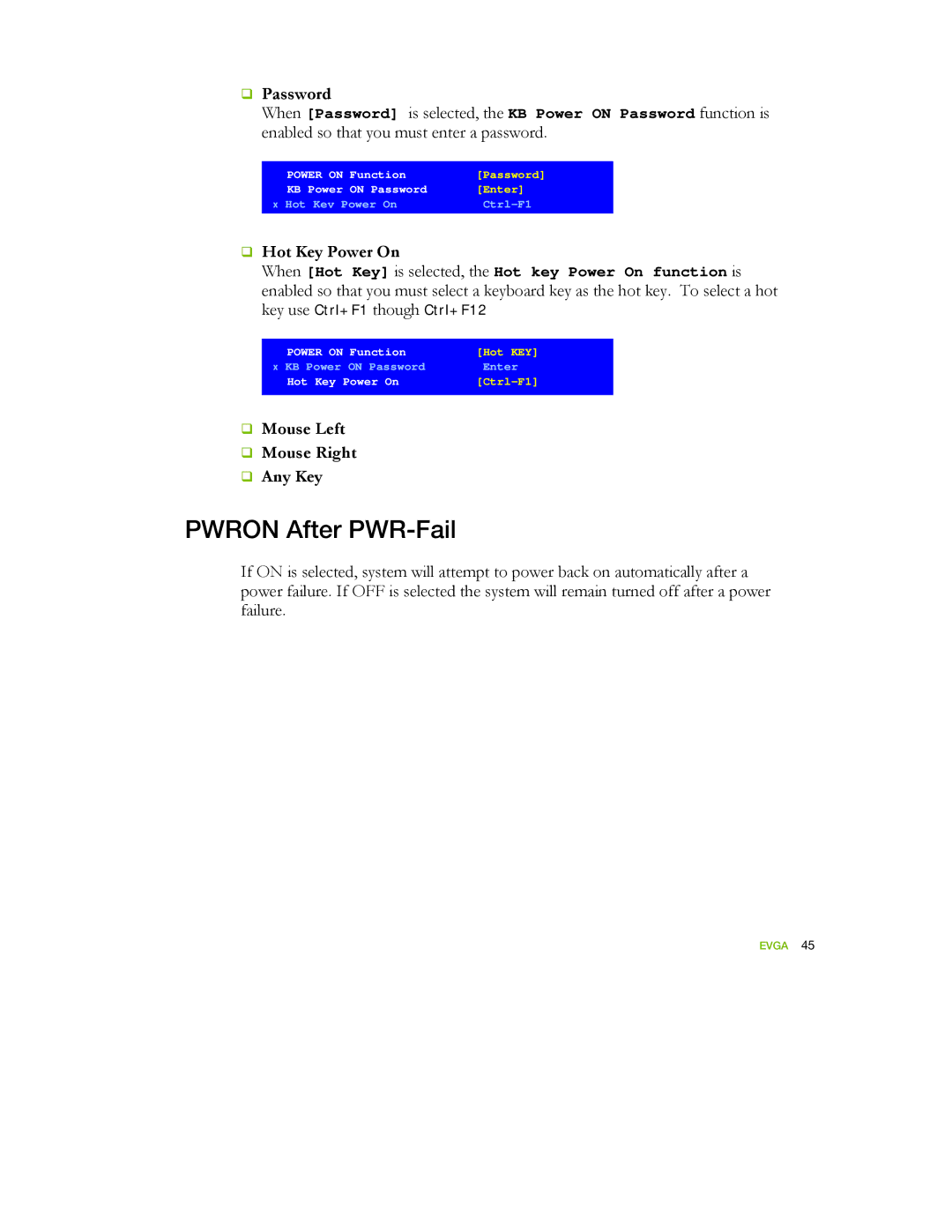 EVGA 122-YW-E173 manual Pwron After PWR-Fail, ‰ Password, ‰ Hot Key Power On, ‰ Mouse Left ‰ Mouse Right ‰ Any Key 