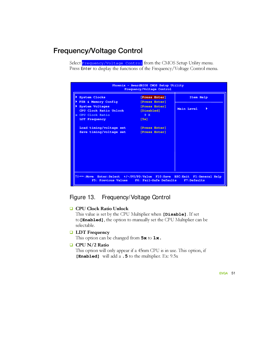 EVGA 122-YW-E173 manual Frequency/Voltage Control, ‰ CPU Clock Ratio Unlock, ‰ LDT Frequency, ‰ CPU N/2 Ratio 