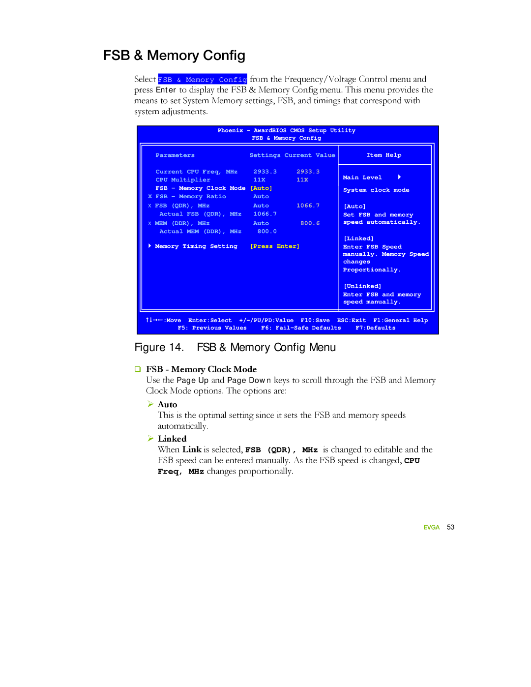 EVGA 122-YW-E173 manual FSB & Memory Config, ‰ FSB Memory Clock Mode, ¾ Linked 