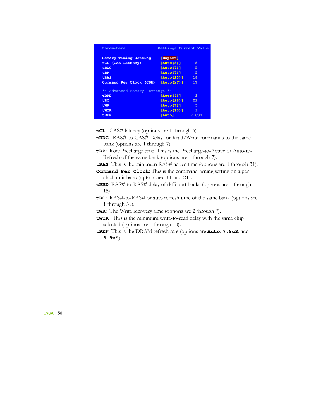 EVGA 122-YW-E173 manual Memory Timing Setting Expert TCL CAS Latency 