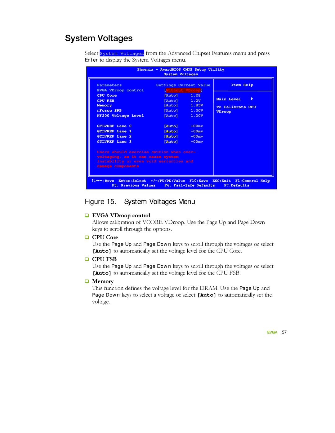 EVGA 122-YW-E173 manual System Voltages, ‰ Evga VDroop control, ‰ Memory 