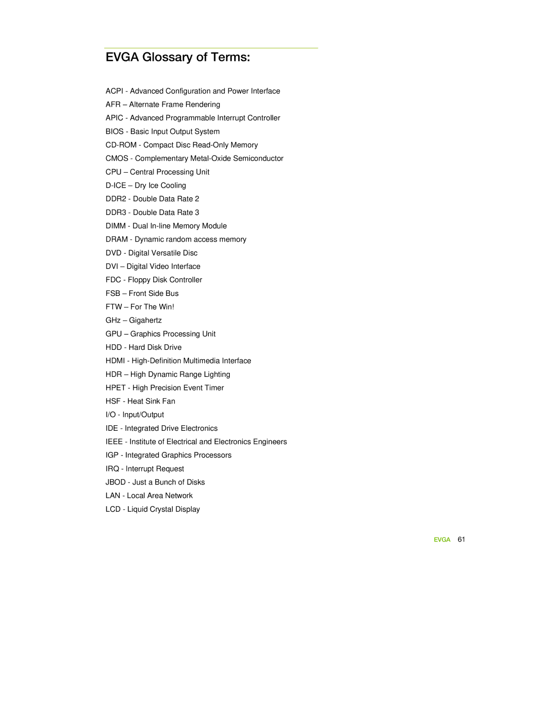 EVGA 122-YW-E173 manual Evga Glossary of Terms 