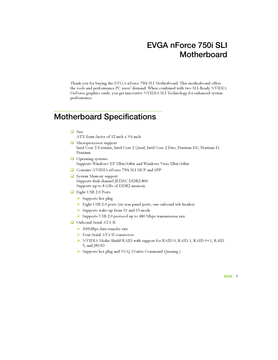 EVGA 122-YW-E173 manual Evga nForce 750i SLI Motherboard, Motherboard Specifications 