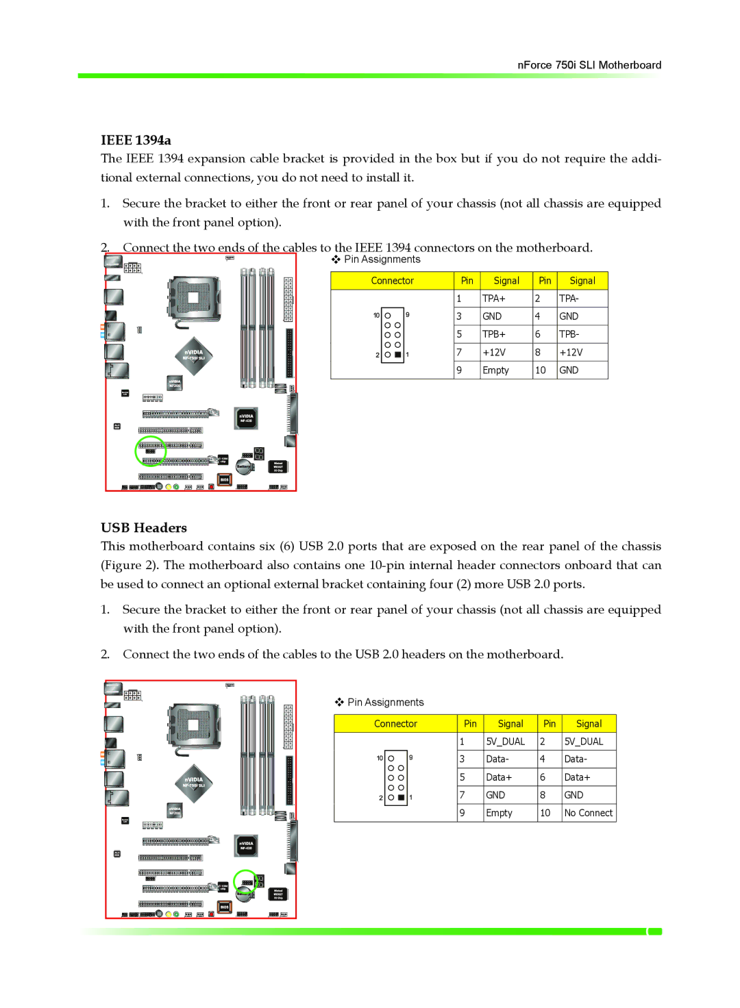 EVGA 123-YW-E175 manual Ieee 1394a, USB Headers 