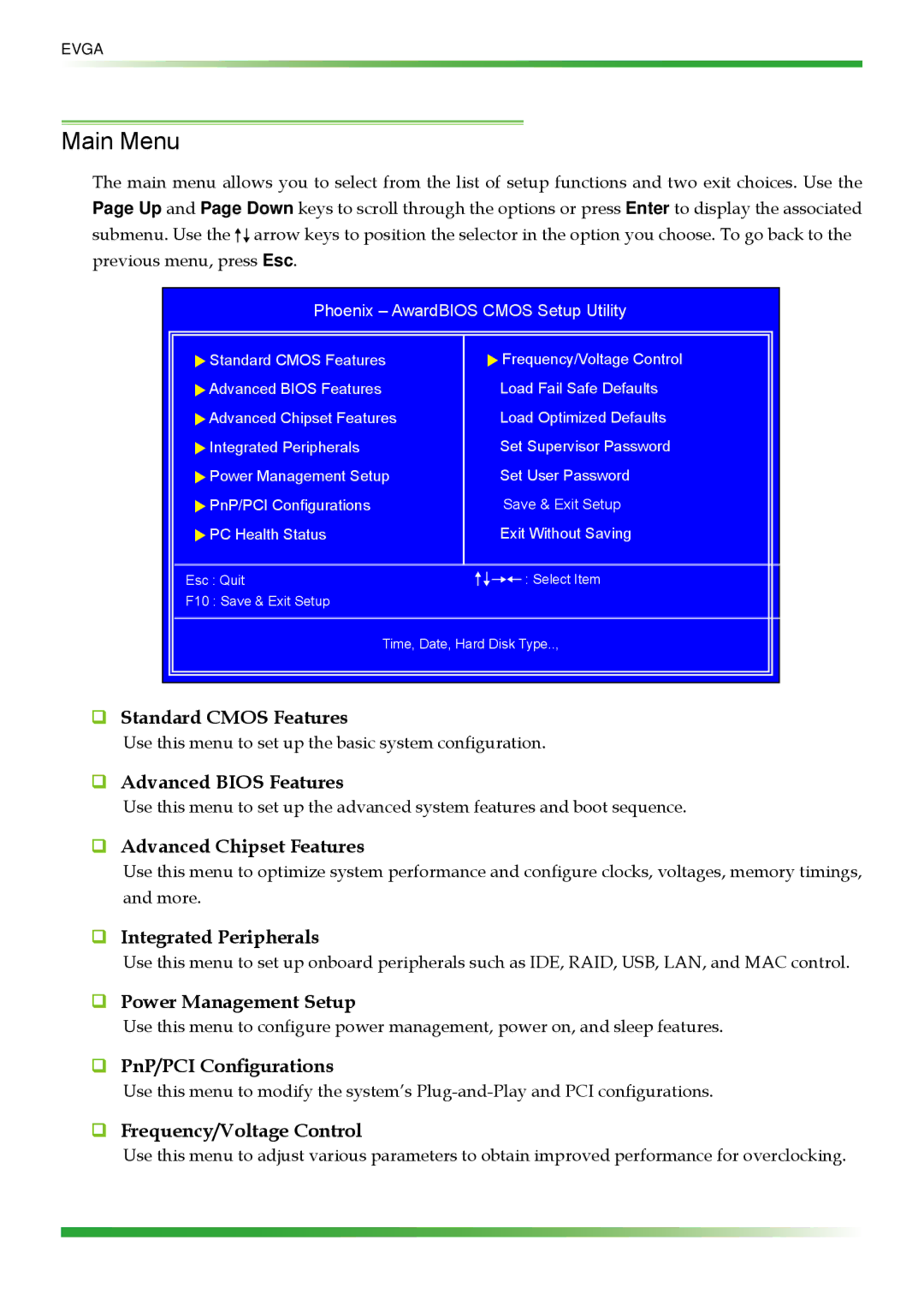 EVGA 123-YW-E175 manual Main Menu, Phoenix AwardBIOS Cmos Setup Utility 