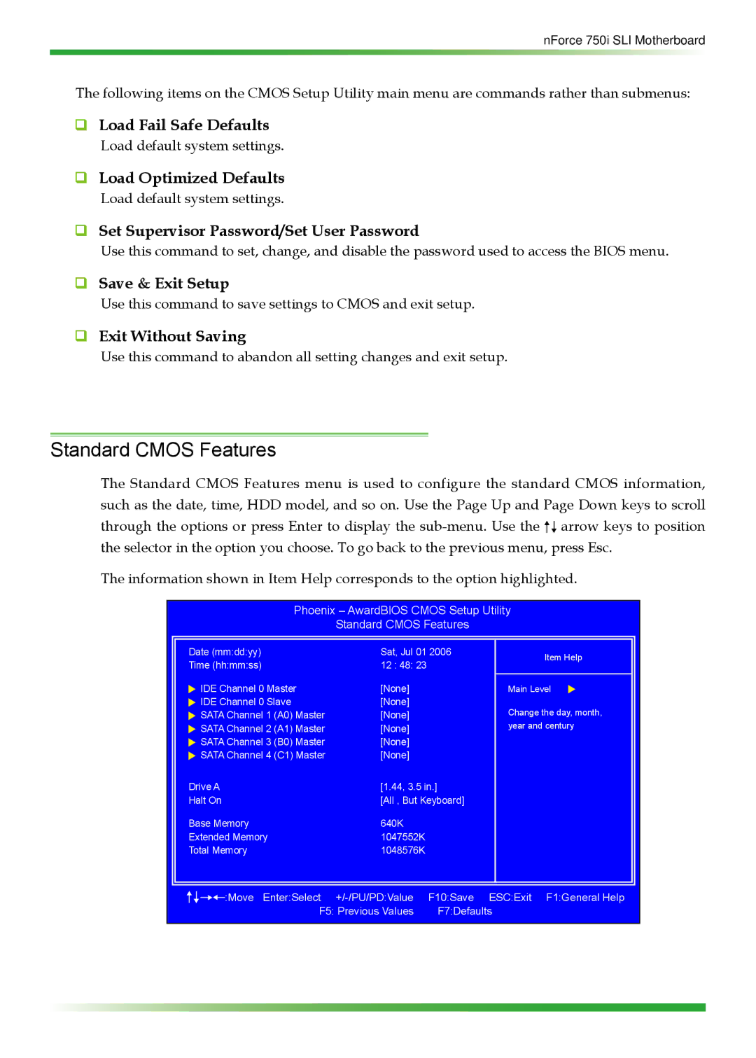 EVGA 123-YW-E175 manual Standard Cmos Features 