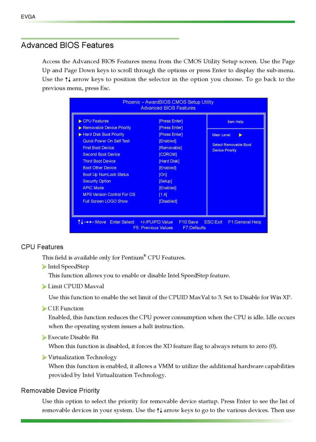 EVGA 123-YW-E175 manual Advanced Bios Features, CPU Features, Removable Device Priority 