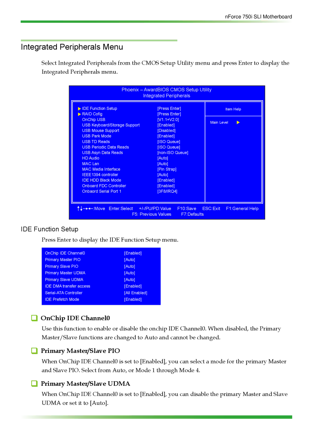 EVGA 123-YW-E175 Integrated Peripherals Menu, OnChip IDE Channel0, Primary Master/Slave PIO, Primary Master/Slave Udma 