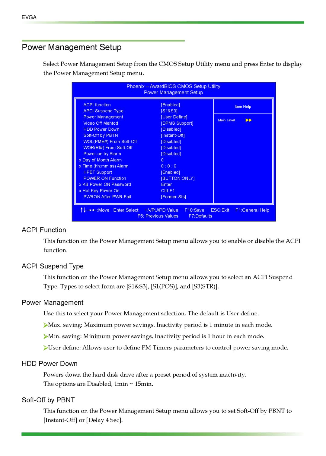 EVGA 123-YW-E175 manual Phoenix AwardBIOS Cmos Setup Utility Power Management Setup 