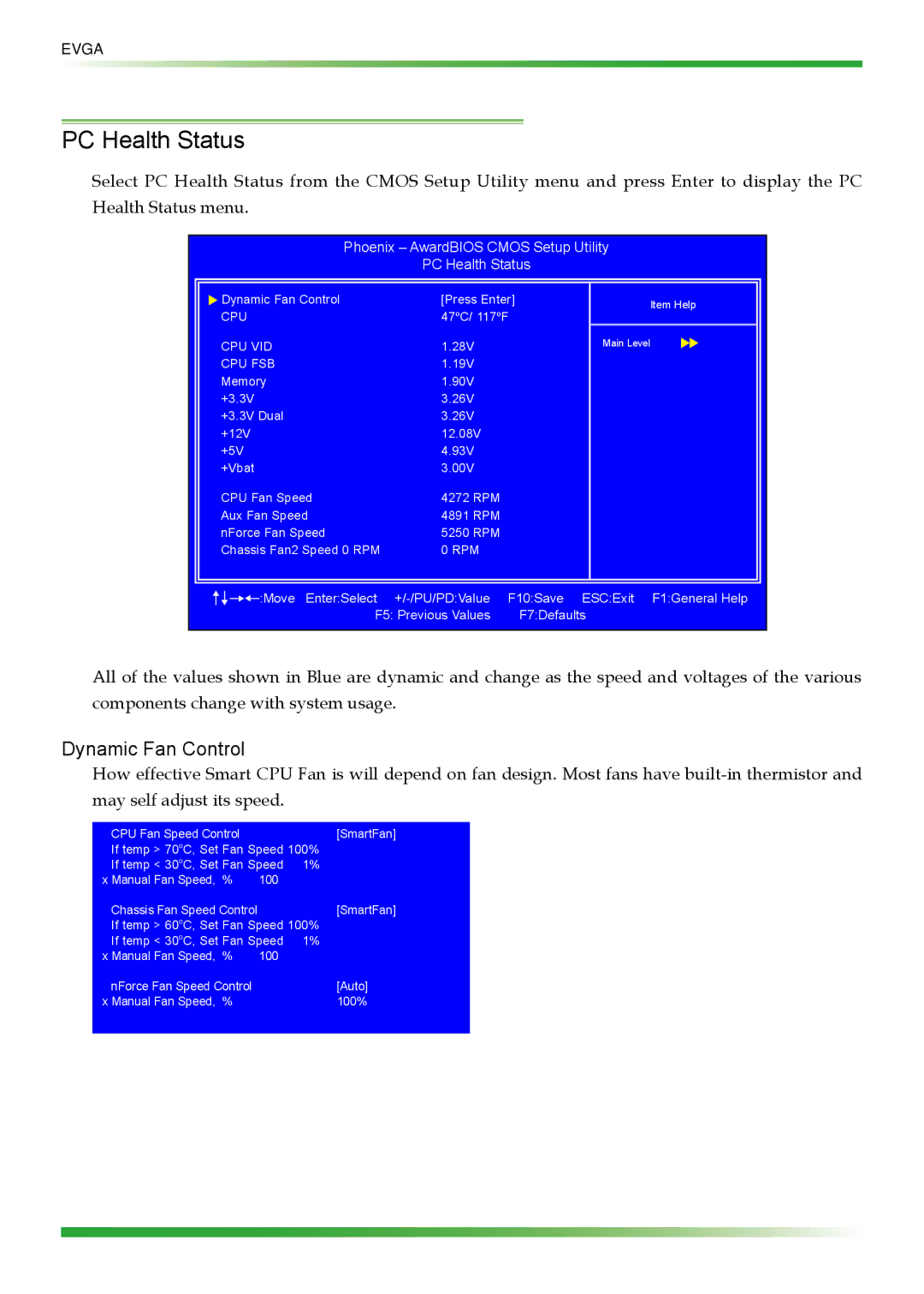 EVGA 123-YW-E175 manual Dynamic Fan Control, Phoenix AwardBIOS Cmos Setup Utility PC Health Status 