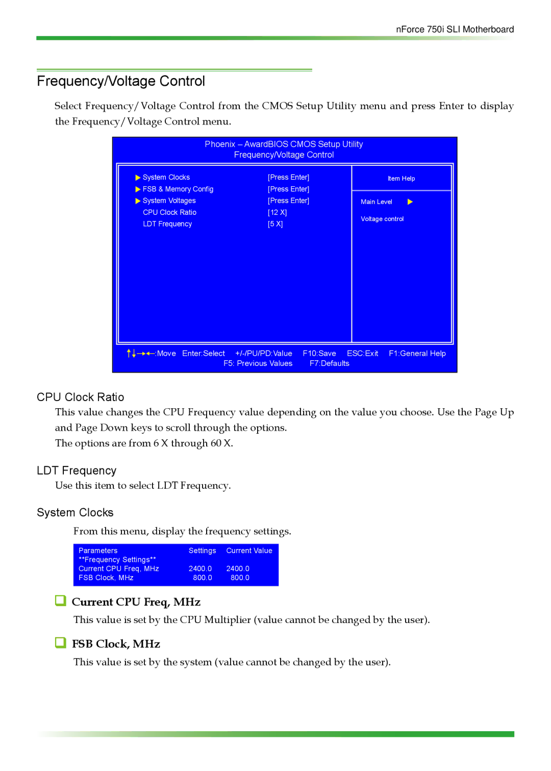 EVGA 123-YW-E175 manual Frequency/Voltage Control, CPU Clock Ratio, LDT Frequency, Current CPU Freq, MHz, FSB Clock, MHz 