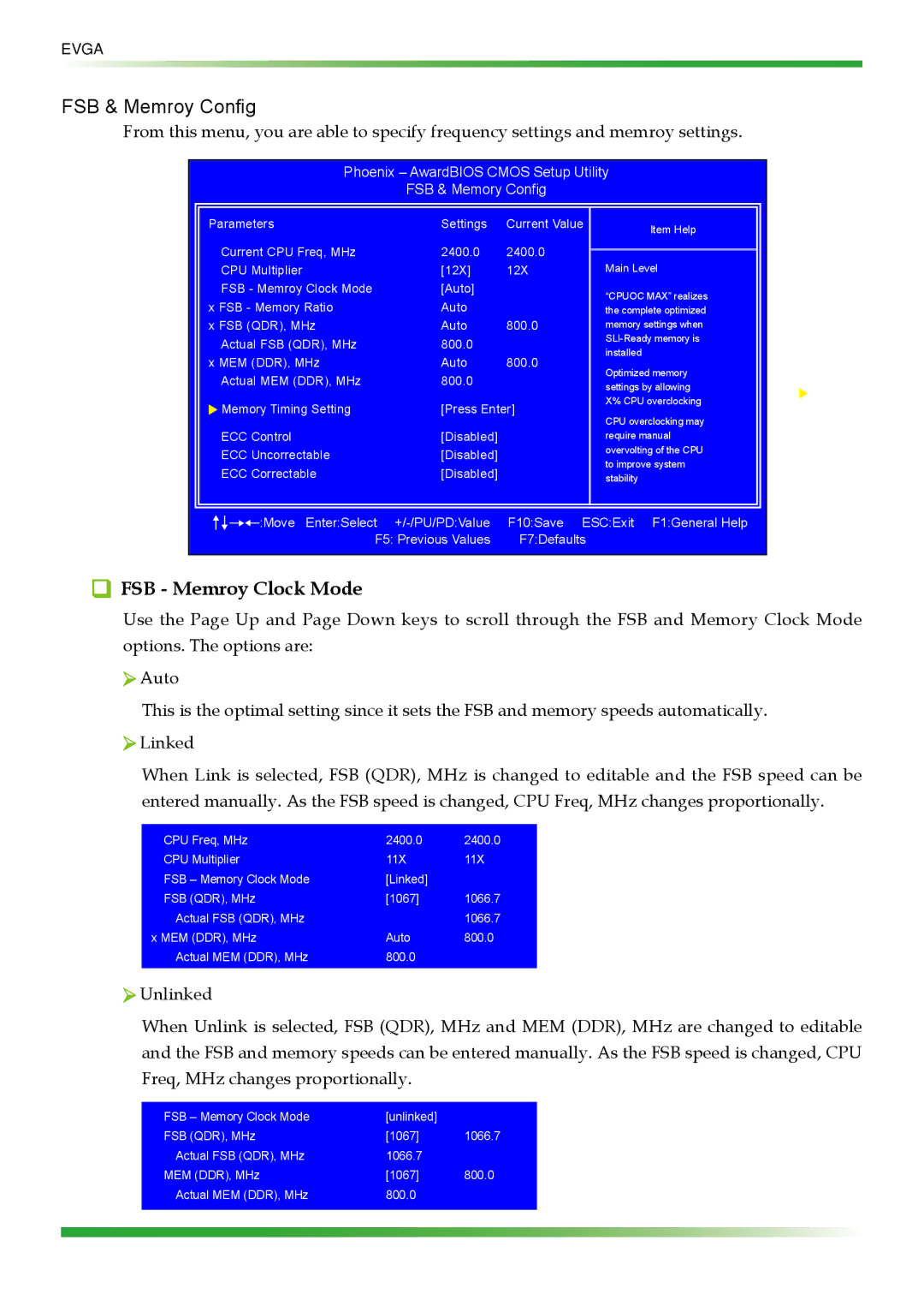 EVGA 123-YW-E175 FSB & Memroy Config, FSB Memroy Clock Mode, Phoenix AwardBIOS Cmos Setup Utility FSB & Memory Config 