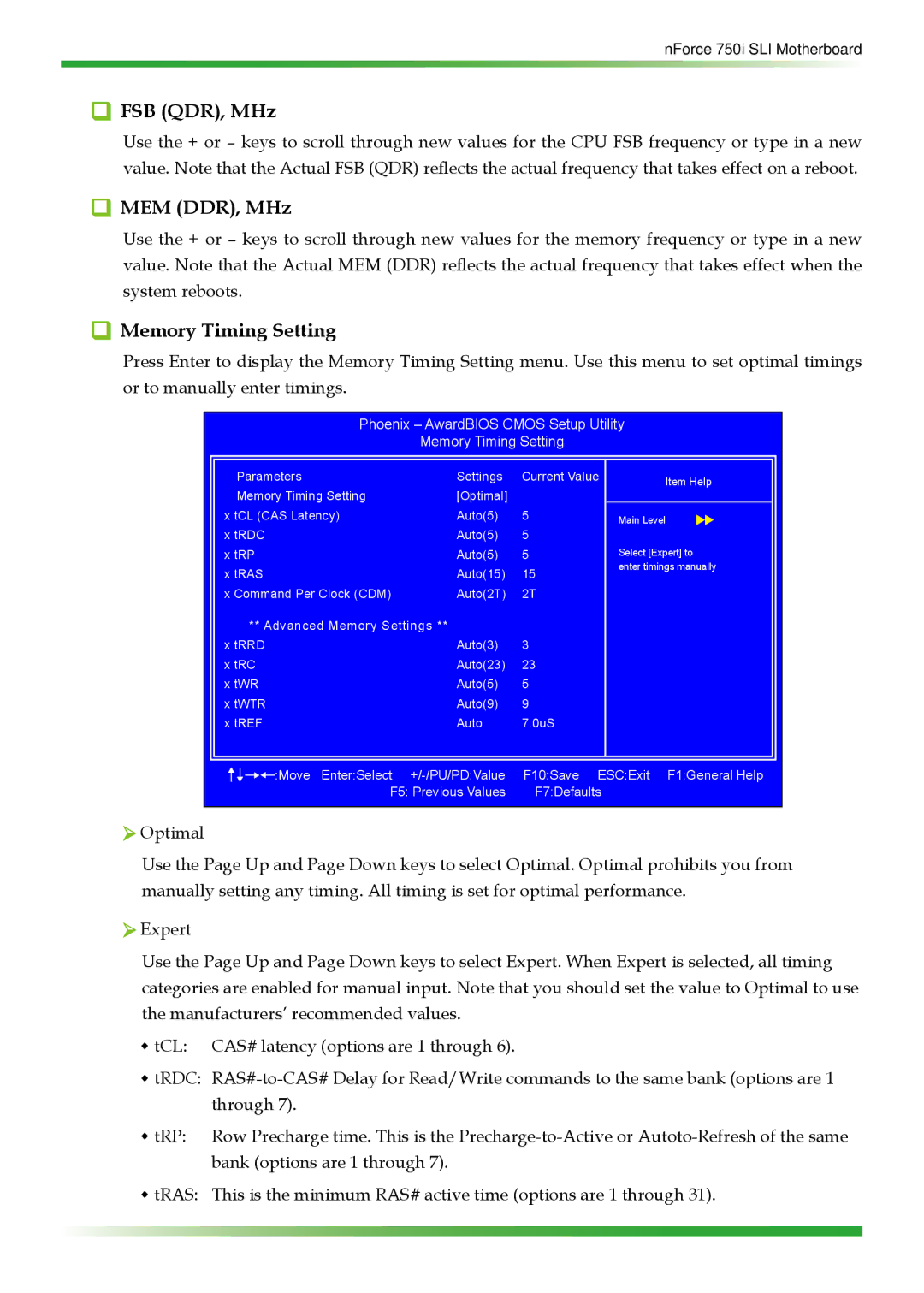 EVGA 123-YW-E175 manual FSB QDR, MHz, MEM DDR, MHz, Memory Timing Setting 