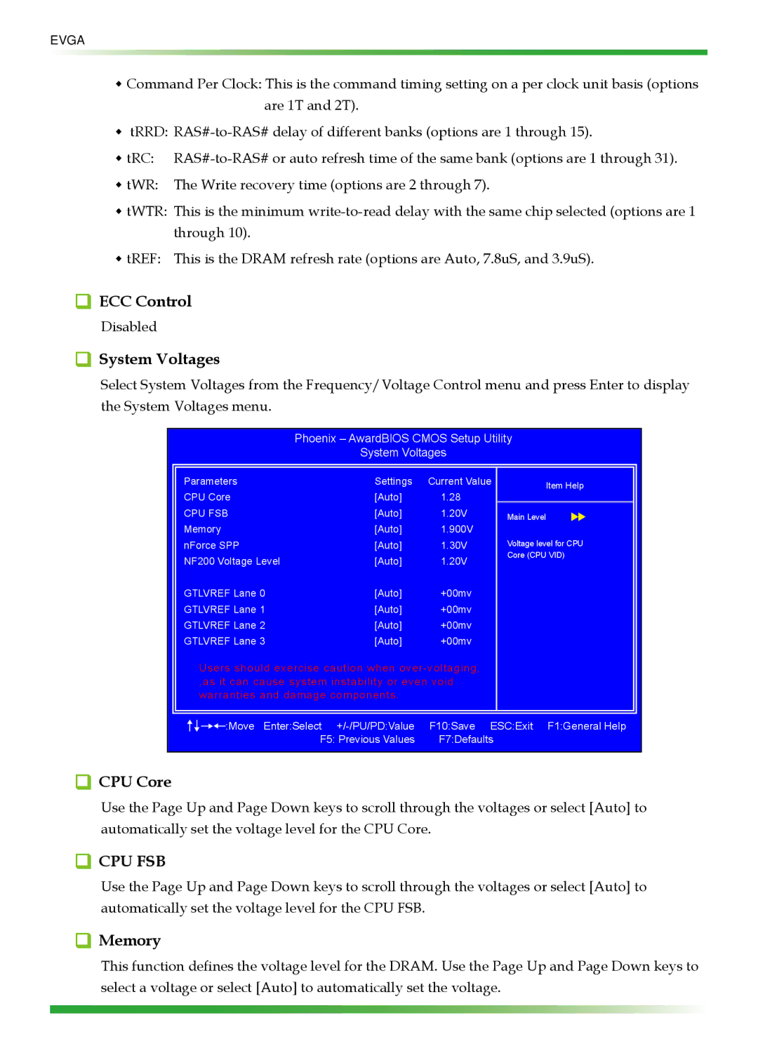 EVGA 123-YW-E175 manual ECC Control, CPU Core, Memory, Phoenix AwardBIOS Cmos Setup Utility System Voltages 