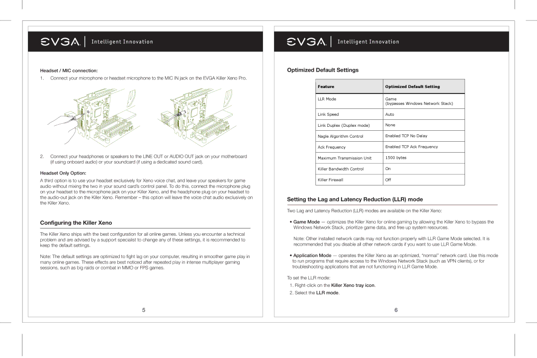 EVGA 128-P2-KN01 Configuring the Killer Xeno, Optimized Default Settings, Setting the Lag and Latency Reduction LLR mode 