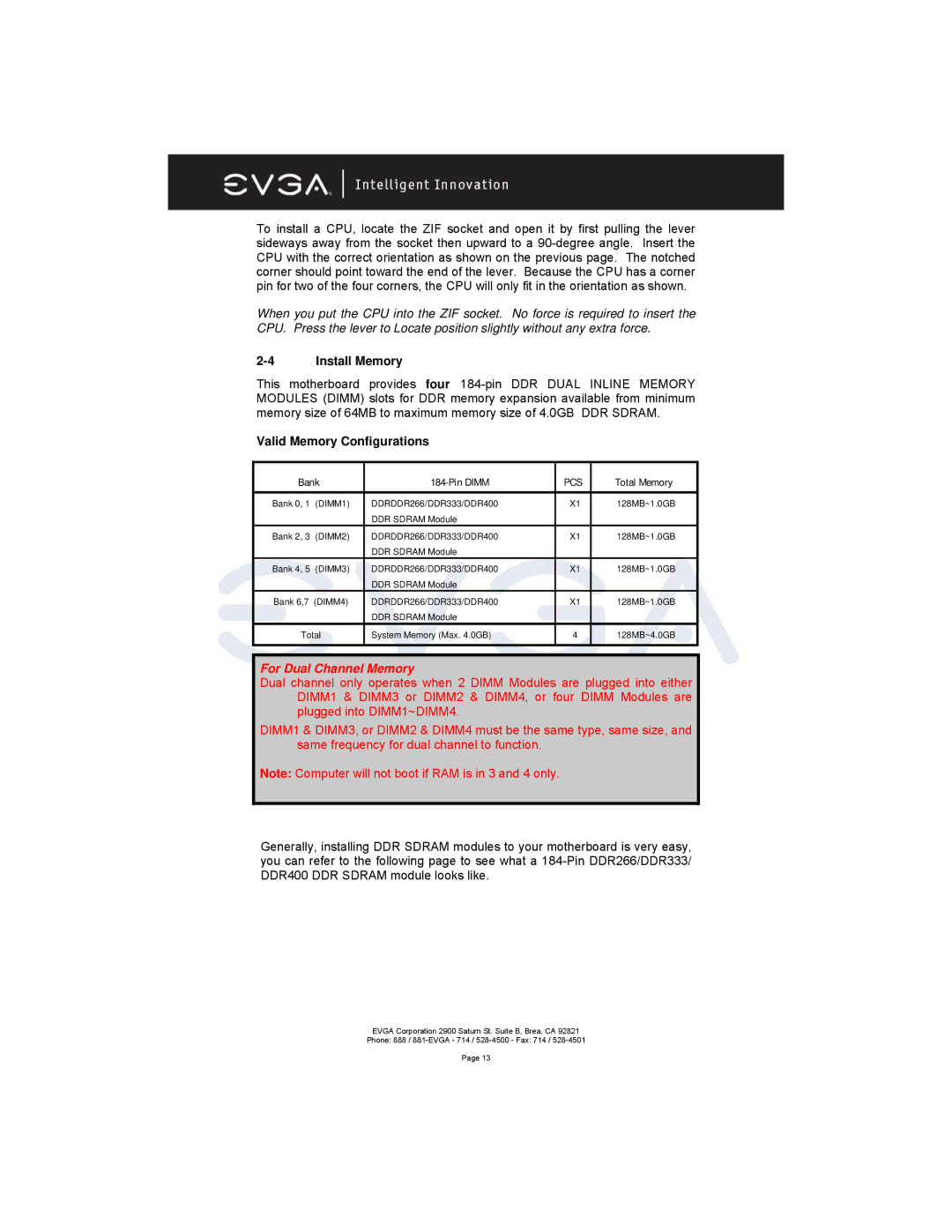 EVGA 131-K8-NF44-XX manual Install Memory, Valid Memory Configurations, Bank Pin Dimm, Total Memory 