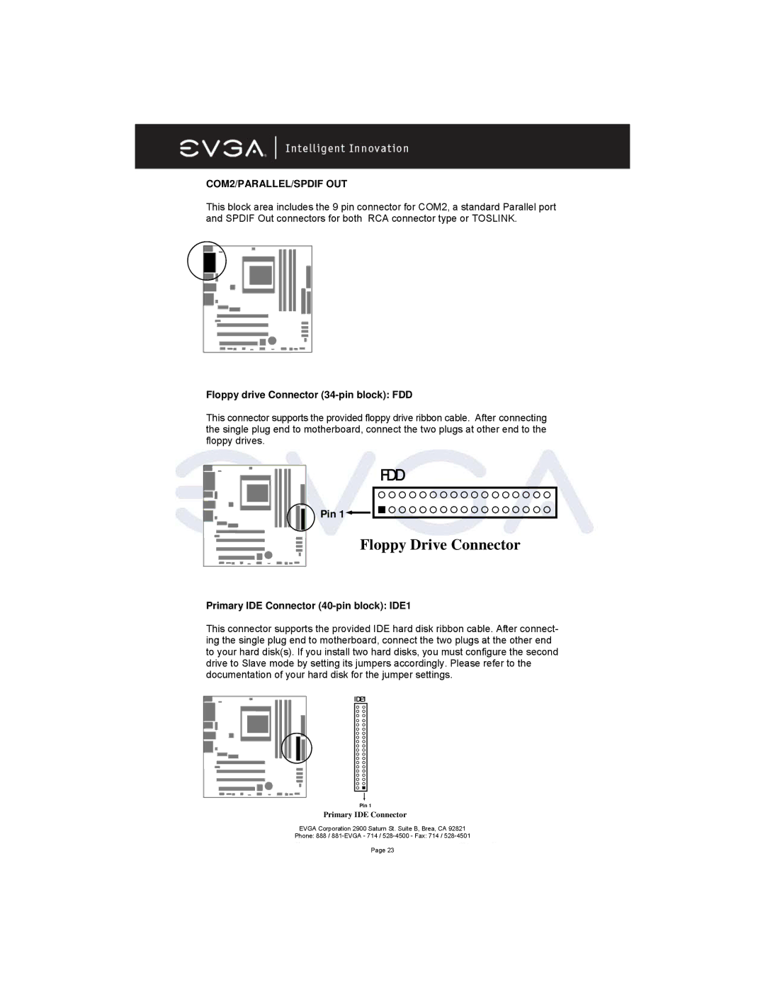 EVGA 131-K8-NF44-XX manual COM2/PARALLEL/SPDIF OUT, Floppy drive Connector 34-pin block FDD, Pin 