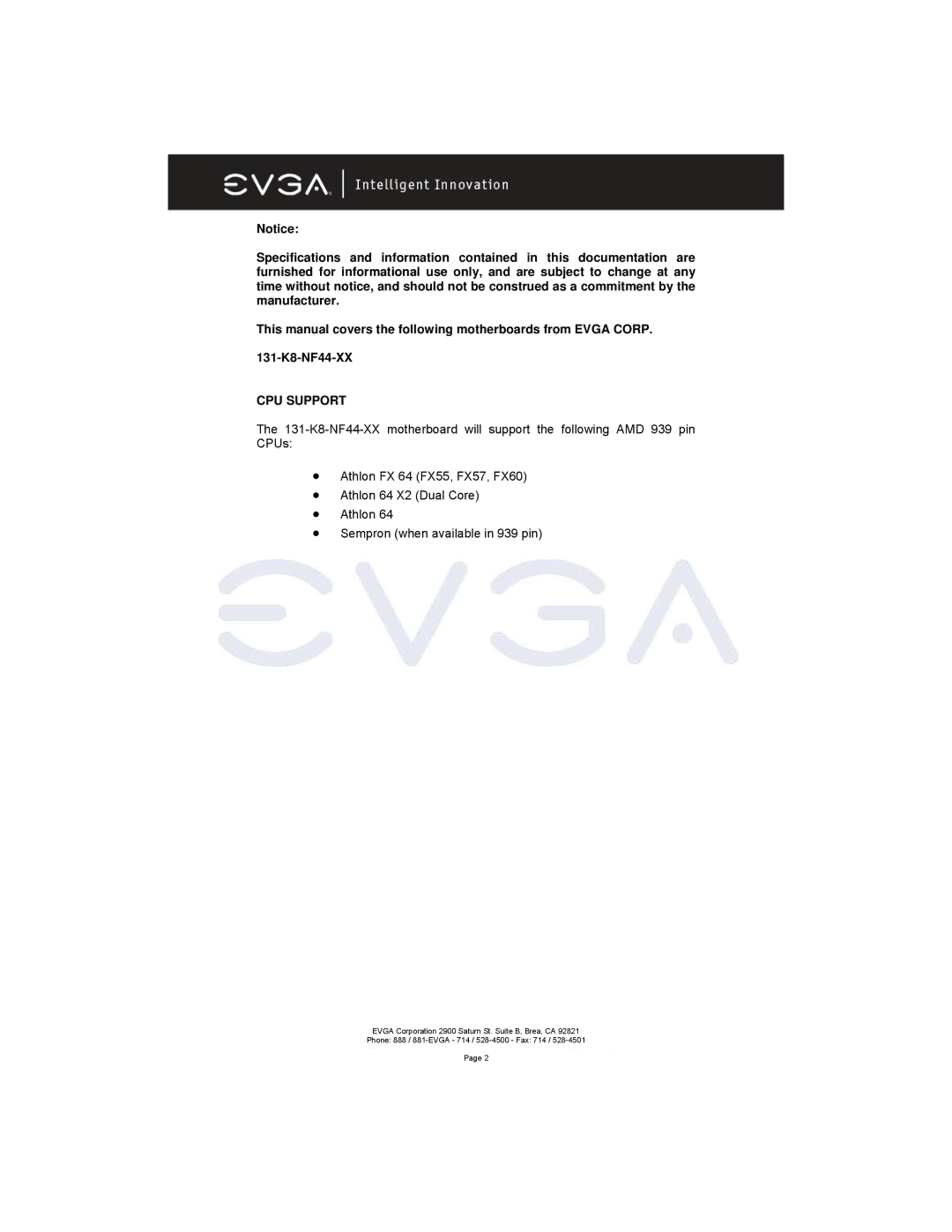 EVGA 131-K8-NF44-XX manual CPU Support 