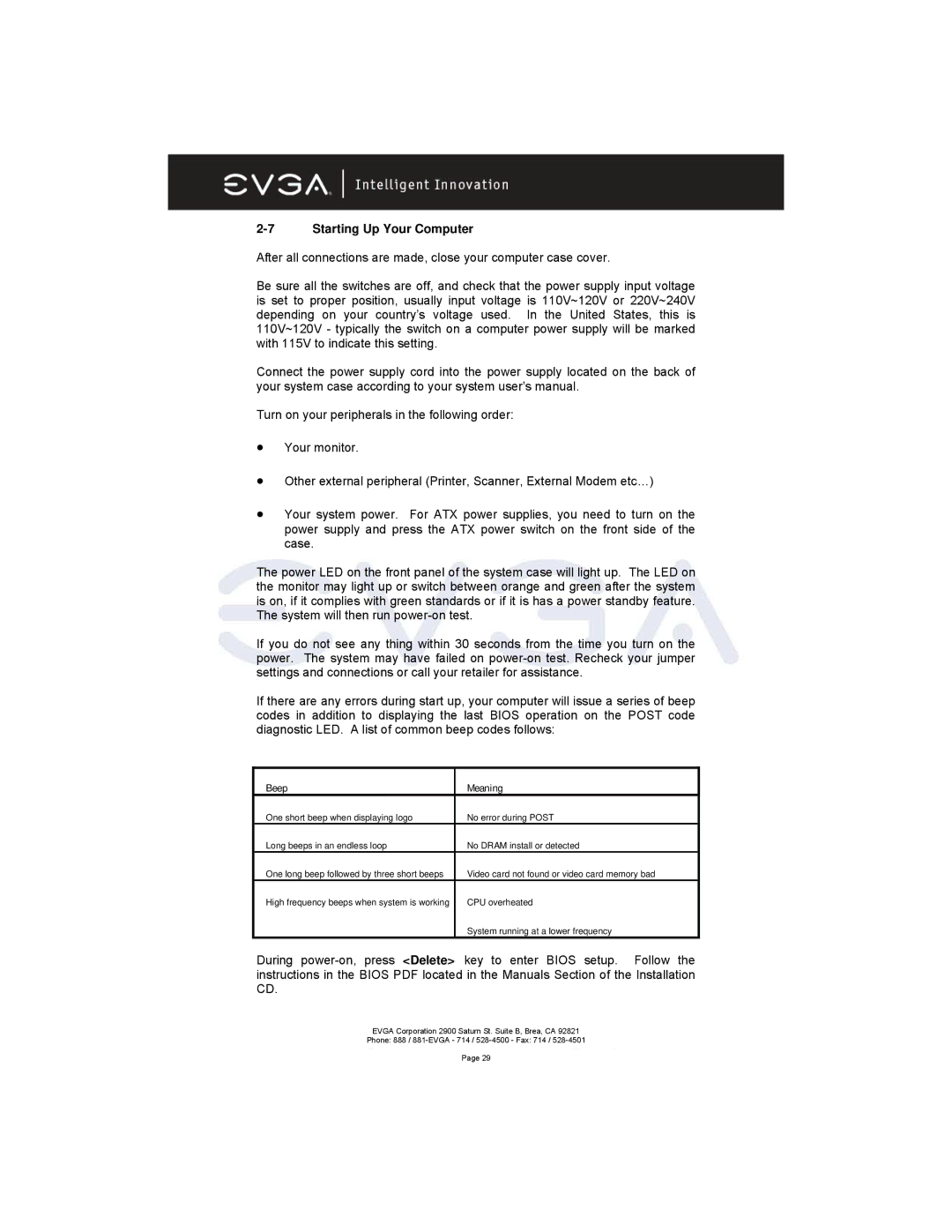 EVGA 131-K8-NF44-XX manual Starting Up Your Computer, Beep Meaning 