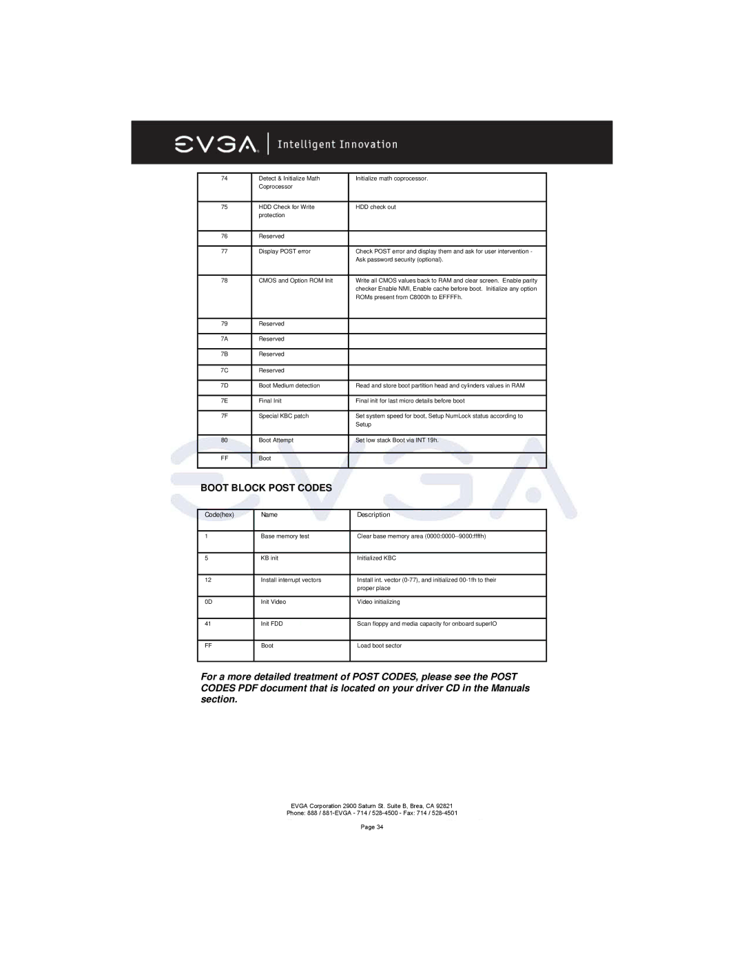 EVGA 131-K8-NF44-XX manual Boot Block Post Codes 