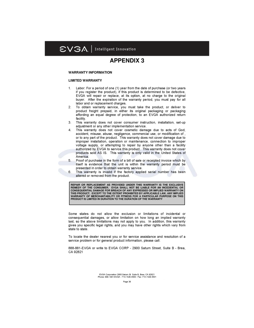 EVGA 131-K8-NF44-XX manual Warranty Information Limited Warranty 