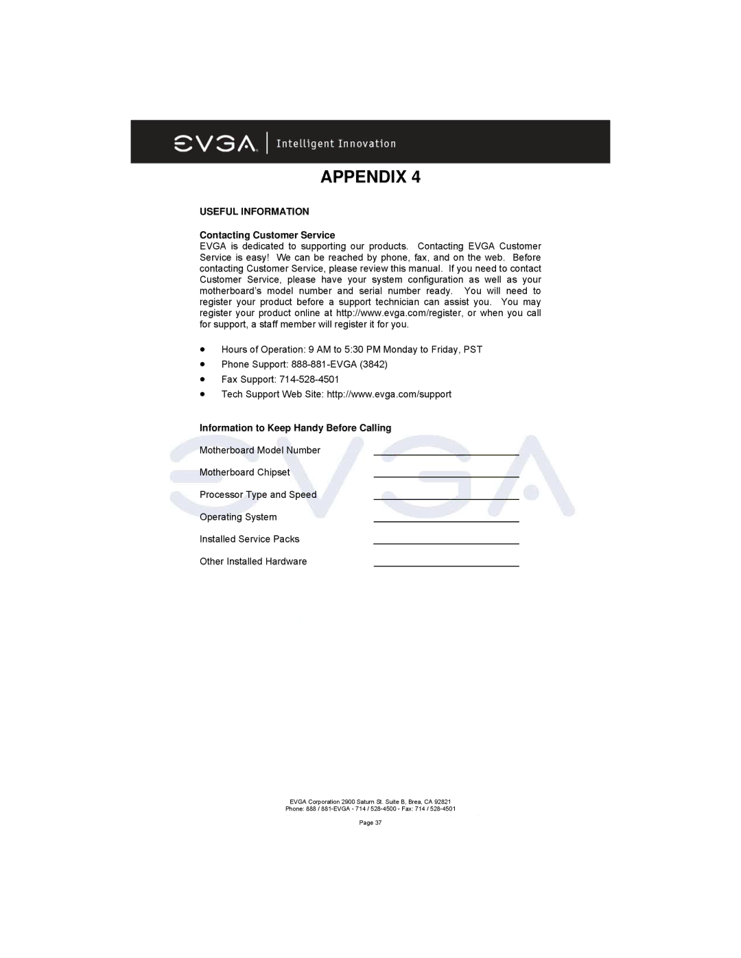 EVGA 131-K8-NF44-XX manual Useful Information, Contacting Customer Service, Information to Keep Handy Before Calling 