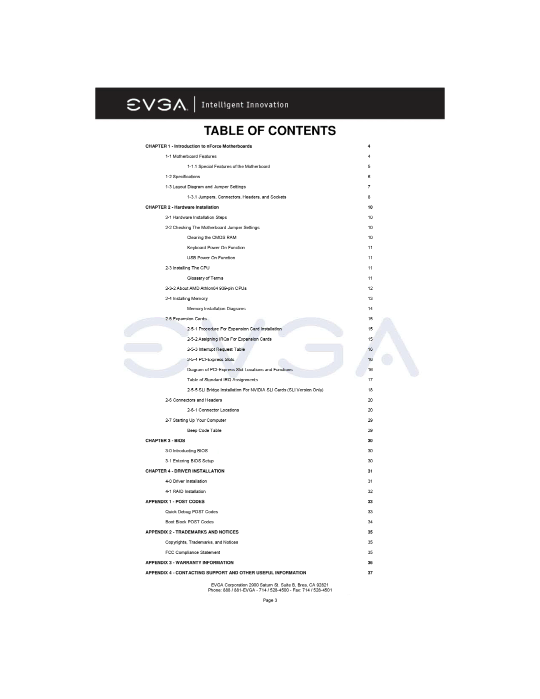 EVGA 131-K8-NF44-XX manual Table of Contents 