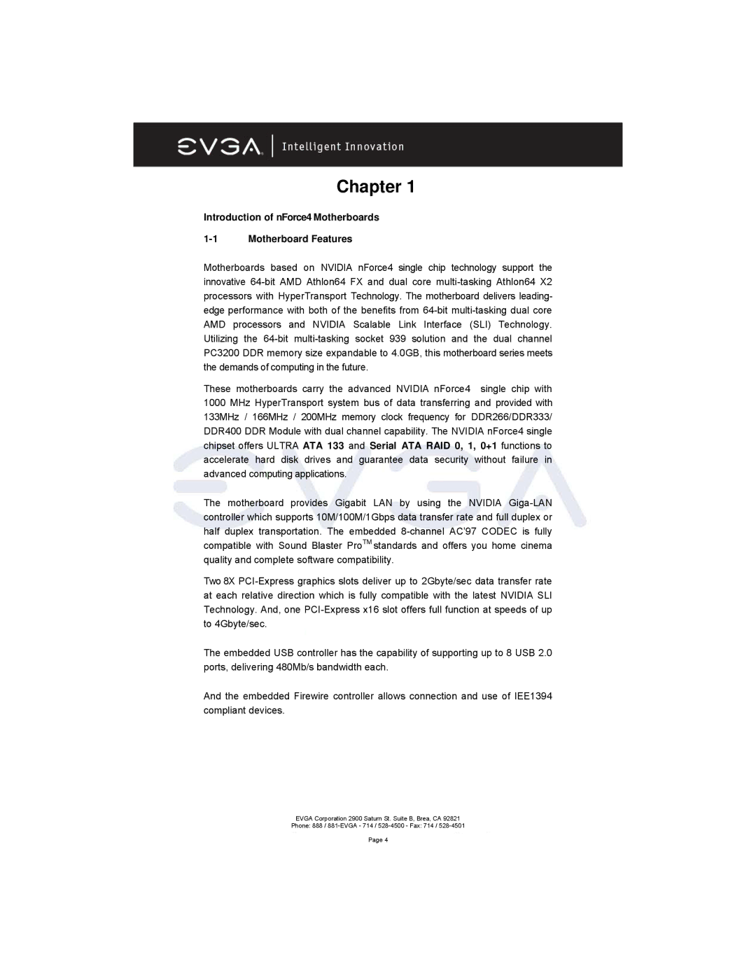 EVGA 131-K8-NF44-XX manual Chapter, Introduction of nForce4 Motherboards Motherboard Features 