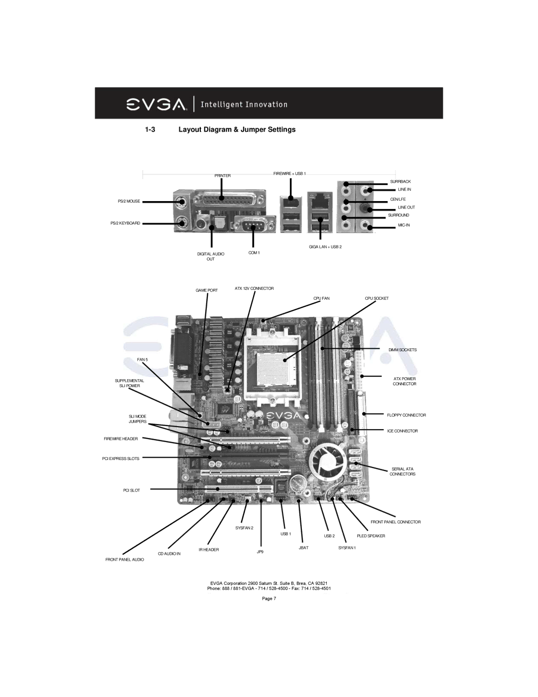 EVGA 131-K8-NF44-XX manual Layout Diagram & Jumper Settings, JP9 Jbat Sysfan 