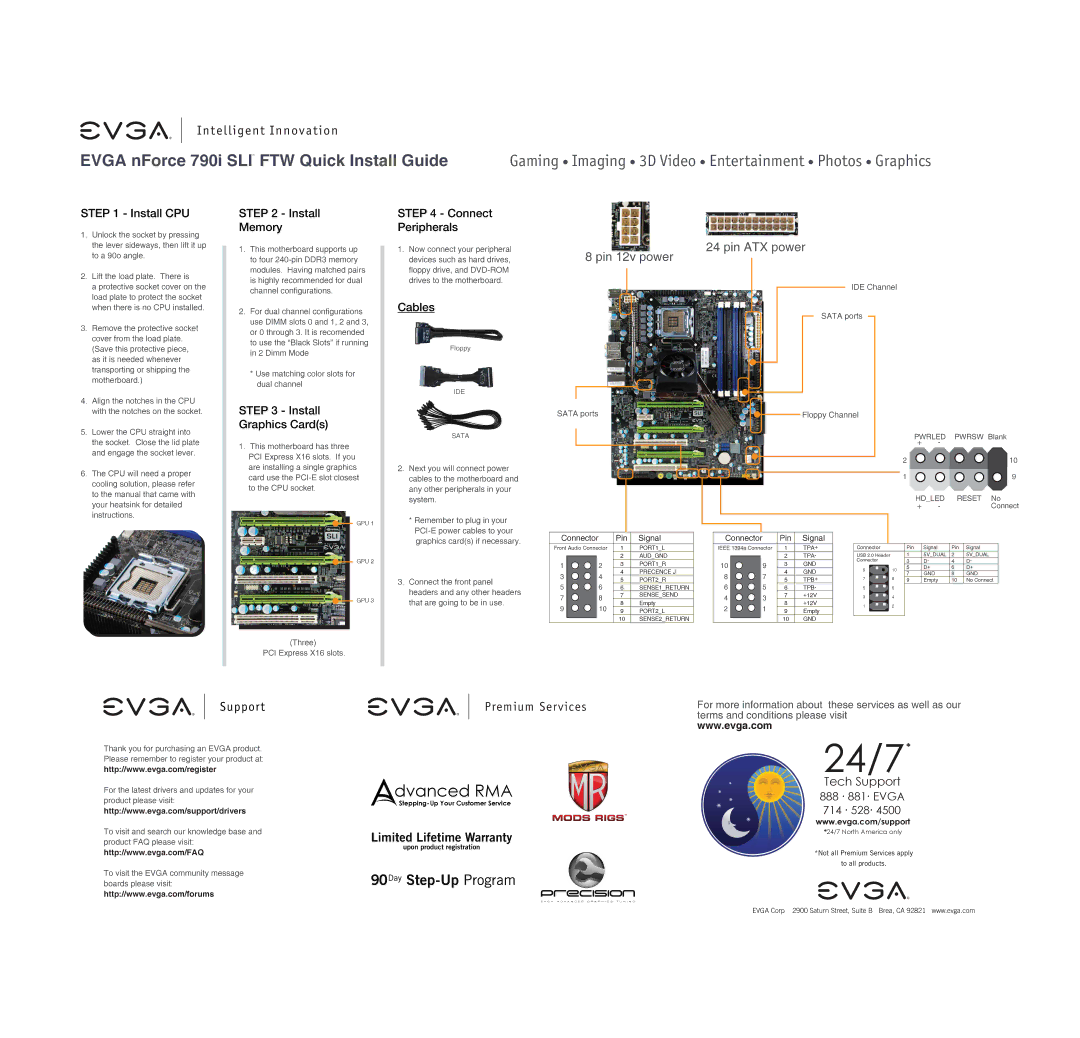 EVGA 132-YW-E179 manual Install CPU, Install Memory, Connect Peripherals, Cables, Install Graphics Cards 