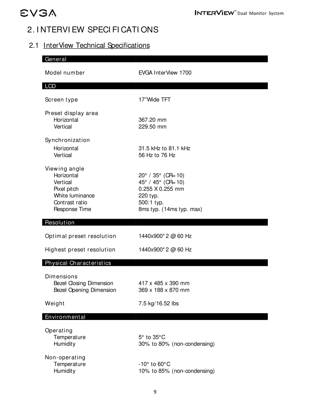 EVGA 200-LM-1700 manual Interview Specifications, InterView Technical Specifications 