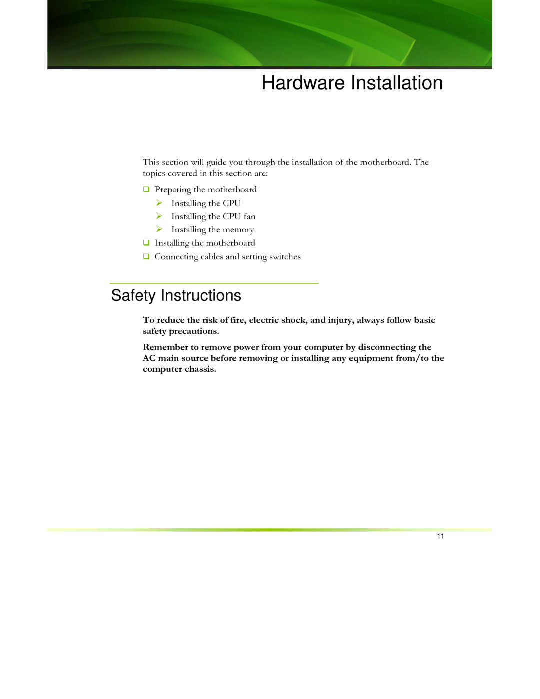 EVGA 650I manual Hardware Installation, Safety Instructions 