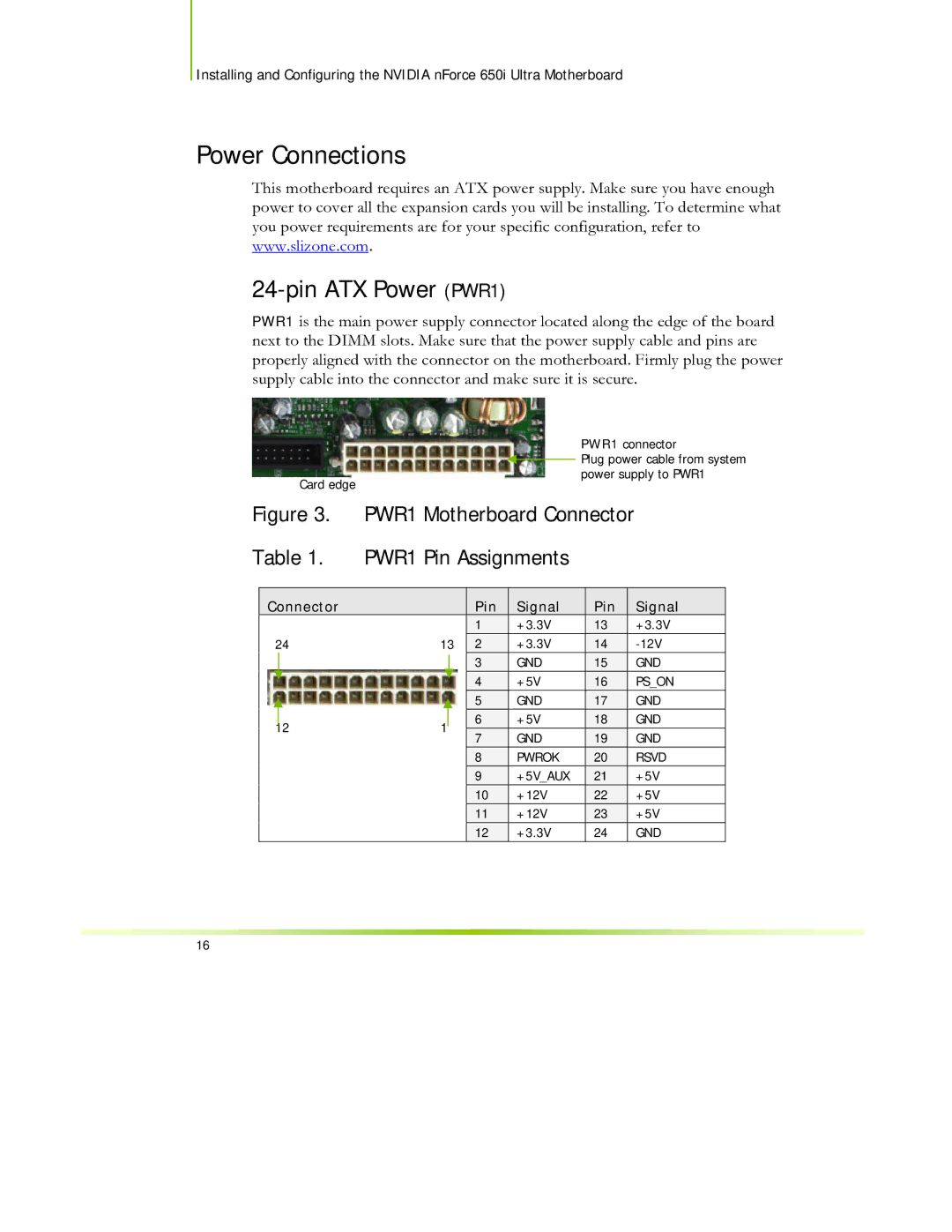 EVGA 650I manual Power Connections, Pin ATX Power PWR1 