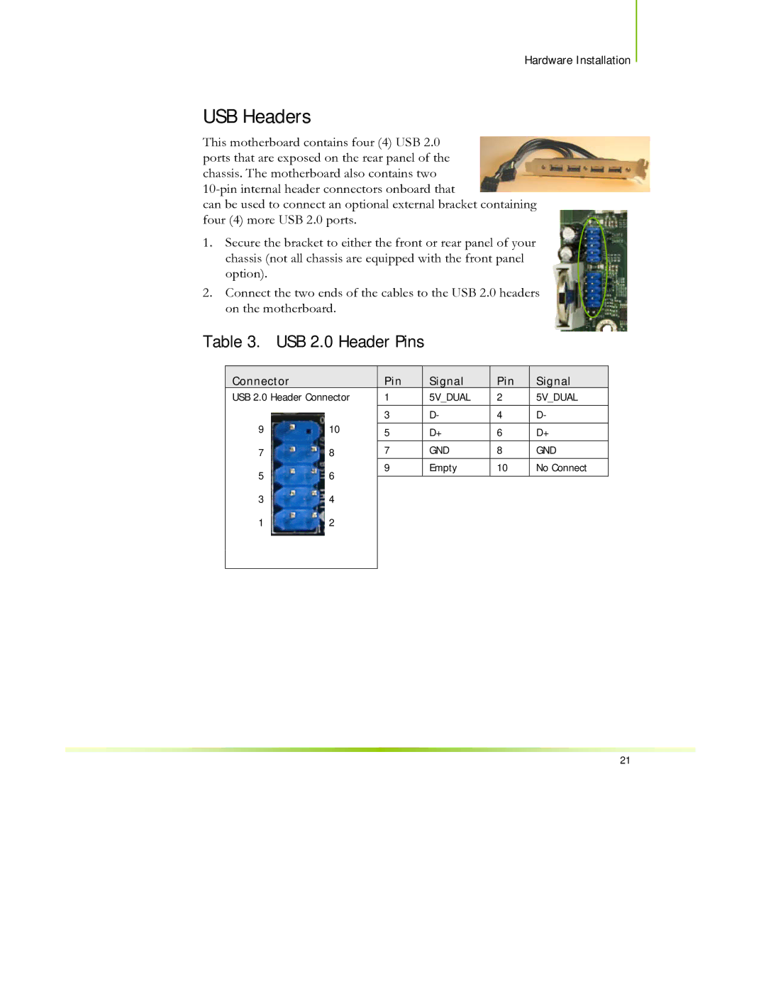 EVGA 650I manual USB Headers, USB 2.0 Header Pins 